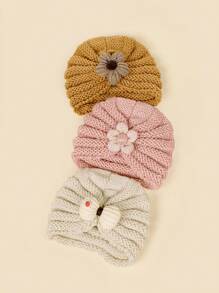 3 件装婴儿和儿童柔软透气针织无檐便帽，带花卉蝴蝶结装饰和耳罩，爱心情人节 - 彩色 - 查看 10