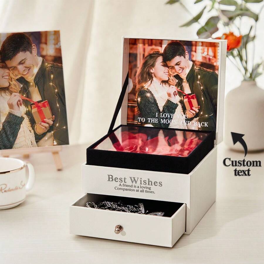 1 Boîte À Bijoux Personnalisée Personnalisée 1pc Boîte De Rangement Organisateur De Bijoux Avec Photo & Texte Boîte Cadeau Remplie De Roses Cas De Voyage De Bijoux Personnalisé Romantique Saint-valentin Anniversaire Cadeaux Pour Femmes Épouse Petite Amie - Blanc