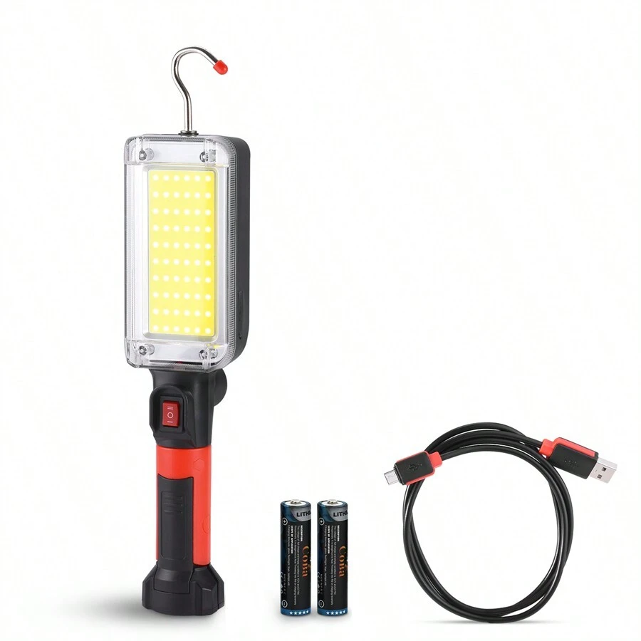 1pc Cob Work Light 8000lm Rechargeable Led Light Strip, With 2*18650 Battery, Portable Magnetic Light With Hook, Clip, Waterproof - Black - View 1