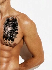 1入組紋身貼紙黑色木狼月亮圖案防水臨時紋身貼紙 - 黑色 - 查看 3