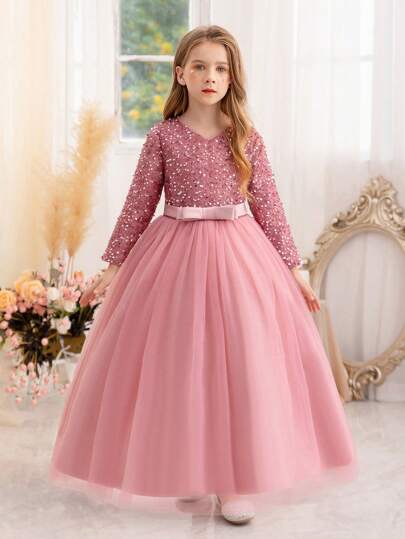 Vestido de fiesta de Navidad con mangas largas y lentejuelas rosa para niña preadolescente, vestido de fiesta elegante, vestido de princesa, adecuado como regalo de cumpleaños, para fiestas, bodas, niña de las flores, dama de honor, celebraciones festivas