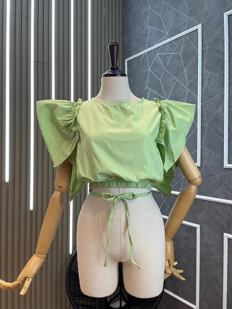 cropped tricoline barbado - Verde - Visão 1