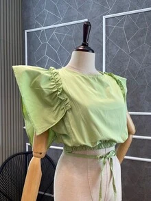 cropped tricoline barbado - Verde - Visão 4