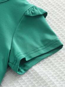 2入組女幼童荷葉邊短袖上衣和格子短褲配花結夏季套裝 - 綠色 - 查看 4