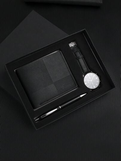 مجموعة هدايا في صندوق لحفلات الزفاف وتكريم العريس والإجتماعات السنوية في الشركات والرجال عملاء هدية ساعة كوارتز كلاسيكية وعصرية + قلم + محفظة + صندوق هدايا هدية لحفلات الأعياد