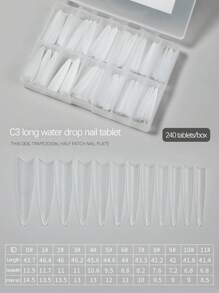240入/盒長型水滴形c彎曲全透明超薄c3完整水滴形半覆蓋指甲貼,適用於美容院 - 無色 - 查看 1