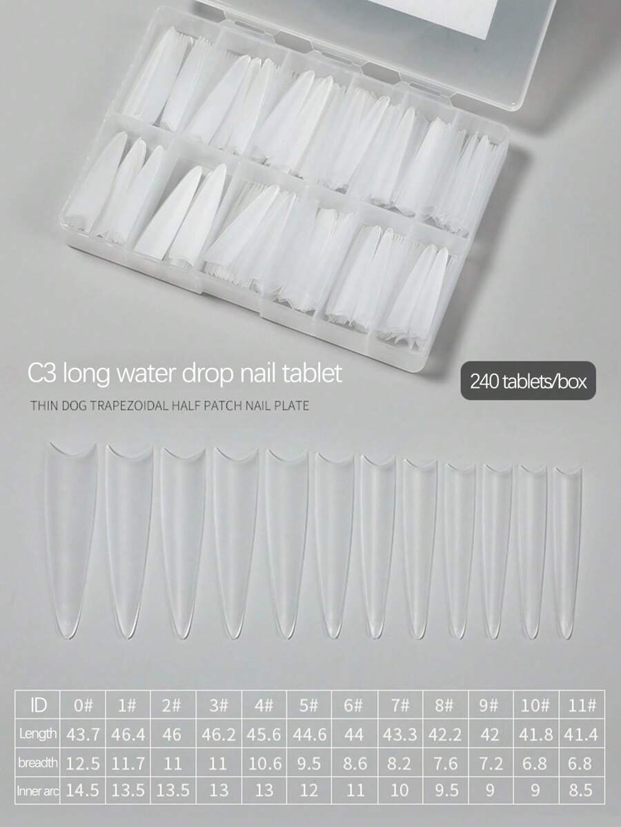 240入/盒長型水滴形c彎曲全透明超薄c3完整水滴形半覆蓋指甲貼,適用於美容院 - 無色 - 查看 1