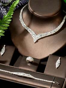 1 套复古方晶锆石几何装饰首饰套装，适合女性在情人节、妈妈、母亲、母亲节、礼物佩戴 - 銀色 - 查看 2