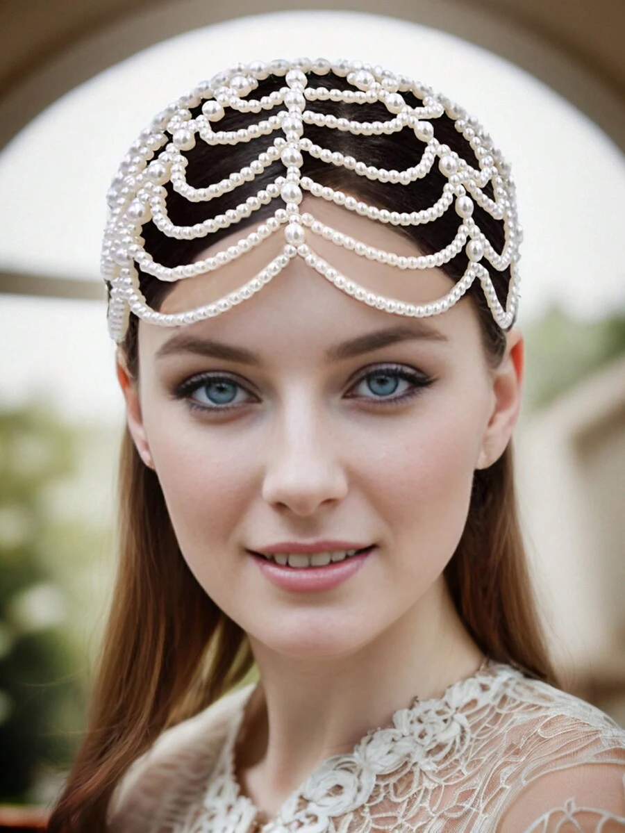 珍珠流蘇頭箍,適用於女士派對和宴會髮飾 - 米色 - 查看 1