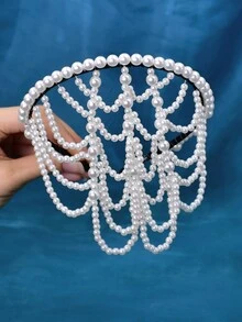 珍珠流蘇頭箍,適用於女士派對和宴會髮飾 - 米色 - 查看 2