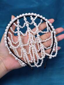 珍珠流蘇頭箍,適用於女士派對和宴會髮飾 - 米色 - 查看 3