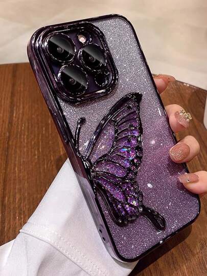1pc High-Quality Electroplated Gradient Glitter Beaded Wing Design Shockproof Phone Case With Lens Film, Compatible With Apple 16 Series, 17/17 Pro/17 Pro Max Waterproof Anti-Fall Scratch Resistant
