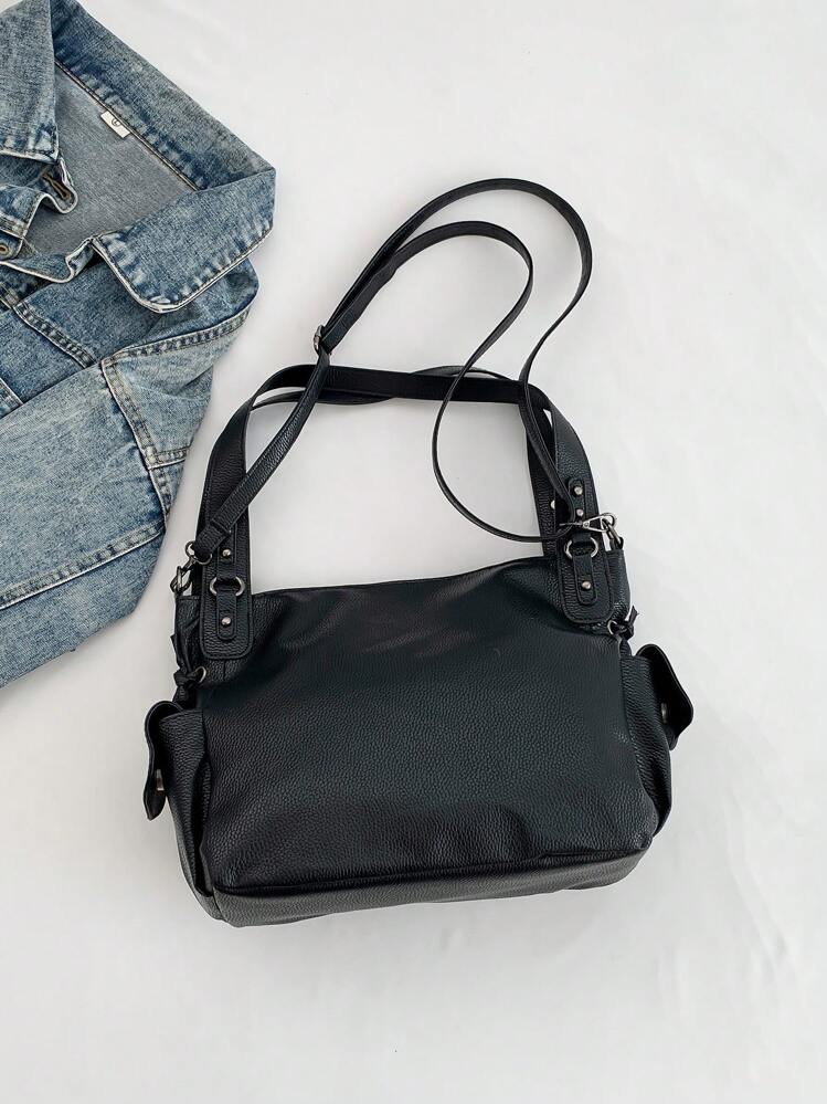 EMERY ROSE Sac à bandoulière Xiuya Y2k grande capacité, sac fourre-tout croisé en PU noir, punk américain gothique, mode, sac fourre-tout de designer simple, parfait pour les festivals de musique, sac de style rock pour femmes - Noir - Voir 5