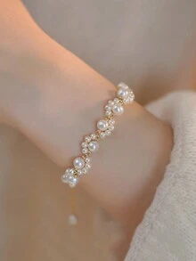 1條精美的仿珍珠手鍊,呈現時尚奢華感,精緻設計、優雅柔和,適合婚禮和訂婚等場合 - 金色 - 查看 5