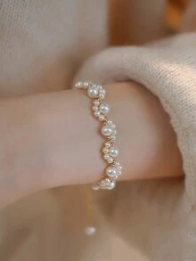 1條精美的仿珍珠手鍊,呈現時尚奢華感,精緻設計、優雅柔和,適合婚禮和訂婚等場合 - 金色 - 查看 4