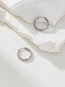 1pair Simple Silver Stainless Steel 15mm Hoop Earrings For Christmas, Birthday, And Party Accessory - Silver - View 2