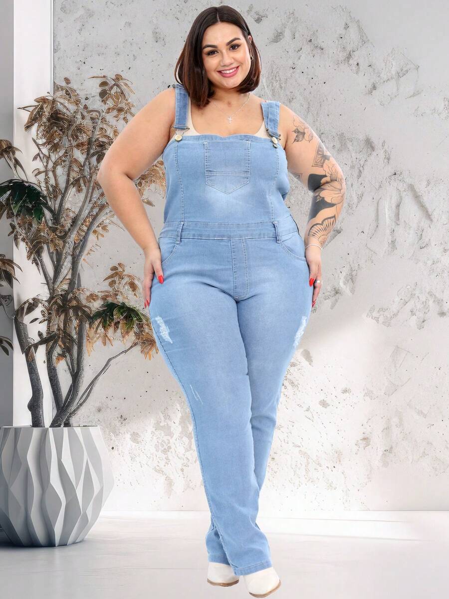 EWF JEANS Plus Size Denim Overalls - Màu xanh lam - Xem 1