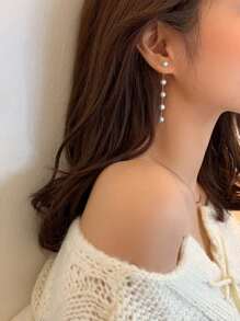 Faux Pearl Long Chain & Tassel Dangle Earrings