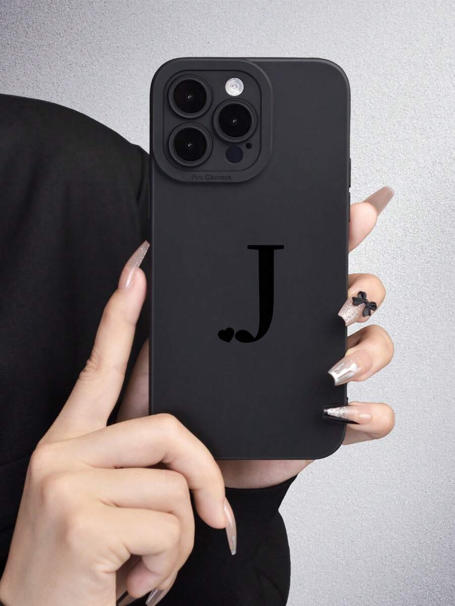 1pc Black Angel Eye Frosted TPU Case With Full Coverage Protection, Dustproof And Waterproof, Featuring A Single A/B/C/D/E/F/G/H/I/J/K/L/M/N/O/P/Q/R/S/T/U/V/W/X/Y/Z Letter Pattern, Compatible With Apple And Samsung - Black - View 1