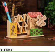 1pc Colorful Windmill Music Box Pencil Holder, Rotating Countryside Scenery Wooden Desk Ornament - Multicolor - View 2