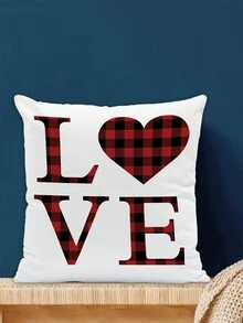 1pc Valentine'S Day Red & Black Buffalo Check Pillow Cover With Hand-Drawn Heart Design,18x18 Inch, Suitable For Sofa, Car, Bed, Farmhouse Decor (No Filling) - Red and Black Buffalo Plaid B - View 3
