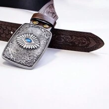 1pc Vintage Style Men's Belt With Gemstone Inlay And Floral Carving - Dark Brown - View 5