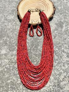 3pcs/Set Bohemian Style Red Beaded Glass Tube Multi-Layer Necklace And Earring Set - Rice Beads + Glass Tube - View 3