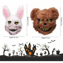 2 Máscaras Conejo Y Oso Sangriento Disfraz Pareja Halloween Máscara de Felpa Espeluznante de Halloween, Máscara de Cabeza de Animal Espeluznante, Disfraz de Terror para Fiesta de Juego, Casa Embrujada - un oso + un conejo - Ver 2