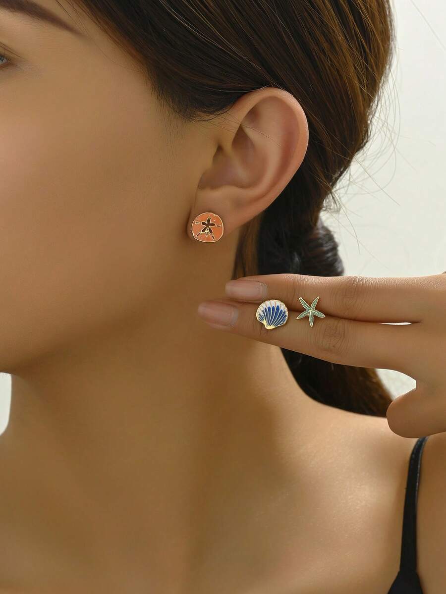 6pcs/Set European And American Fashionable & Cute Classic Starfish & Seashell Stud Earrings For Kids - Gold - View 1