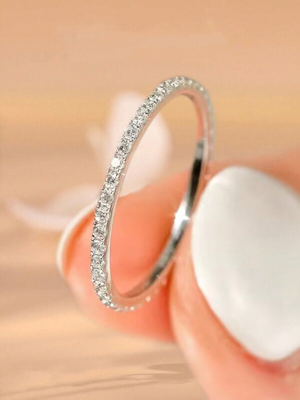 1 pieza Anillo simple y brillante con circonita de plata esterlina para mujer, anillo eterno de joyería fina, regalo para mujeres para decoración de la vida diaria