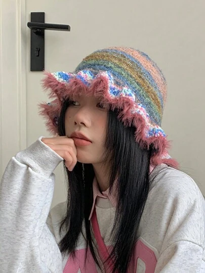 1pc Women's Vintage Rainbow Stripe Oil Painting Style Knitted Hat With Ruffle Edge Fashion Cool Bucket Hat Autumn And Winter Fashion Hat Boho Winter Outfits