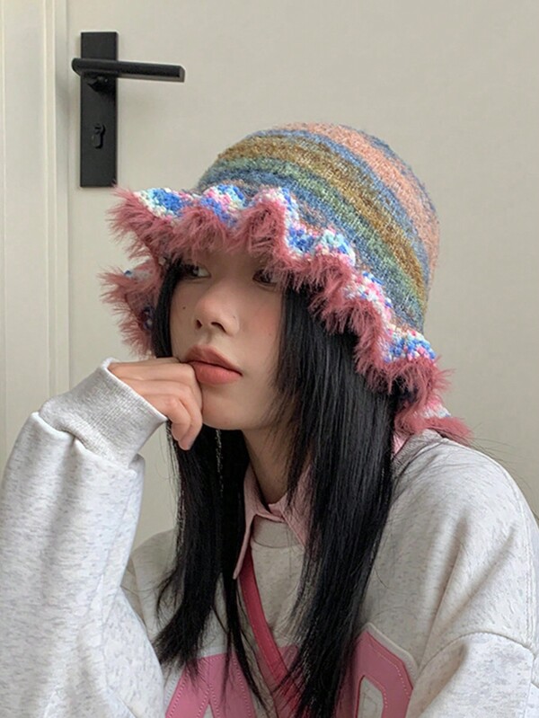 1 pieza Sombrero tejido vintage para mujer con rayas arcoiris y estilo de pintura al óleo con borde de volantes. Sombrero cubo fresco de moda para otoño e invierno. Sombrero de moda Boho