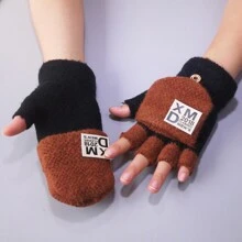 儿童手套青少年男童针织半指翻盖全包两用手套冬季保暖书写手套骑行 - 彩色 - 查看 3