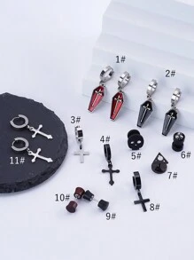 1 Pair/Set Punk Men Earrings Cross Ear Hoops Stainless Steel Wood Barbell  Earrings Skull Ear Studs Fake Taper Earrings for Men Women Ear Jewelry Daily Wear Best Friend Cousin Christmas Gift - Multicolor - View 5