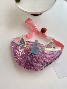 1個女孩可愛時尚的獨角獸形肩袋,帶拉鍊閉合和閃閃發亮的亮片,適合秋冬日常使用 - 粉色 - 查看 4