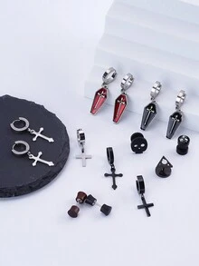 1 Pair/Set Punk Men Earrings Cross Ear Hoops Stainless Steel Wood Barbell  Earrings Skull Ear Studs Fake Taper Earrings for Men Women Ear Jewelry Daily Wear Best Friend Cousin Christmas Gift - Multicolor - View 1