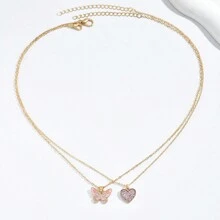 2 件套欧美时尚潮流甜美精致轻奢闪光蝴蝶和心形吊坠项链 - 金色 - 查看 6