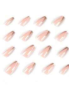 24入組可穿戴式白色條紋和閃粉假指甲貼 - 藕粉色 - 查看 2