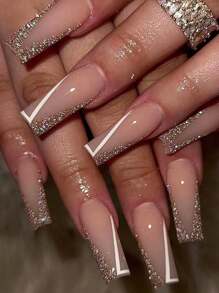 24入組可穿戴式白色條紋和閃粉假指甲貼 - 藕粉色 - 查看 1