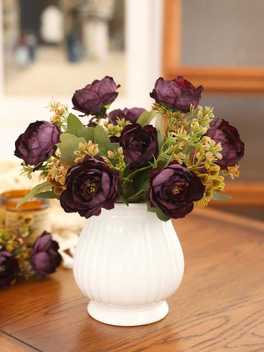 WQNJIN 1 束仿真牡丹菊花小花束,居家餐桌裝飾絲花 - 紫色 - 查看 1