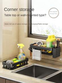 Kitchen Sink Rack Wall-Mounted Multi-Functional Drainage Rack Sponge & Cloth & Dishwashing Liquid Storage Organizer - Black - View 4