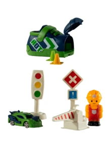 SUPER TOY CAR CATAPULT WITH ACTIVATION BUTTON AND STORAGE LOCK - INCLUDES A CAR, A DOLLY AND 5 TRAFFIC SIGNS - LAUNCH AND STORE TOY VEHICLES - Verschiedenfarbig - Übersicht 2