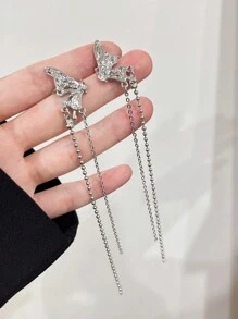 1對蝴蝶與流蘇不需穿洞的耳袖，金屬極簡風格耳環設計高雅，適合女孩拍視頻、日常佩戴或搭配衣服 - 流蘇蝴蝶 - 查看 1