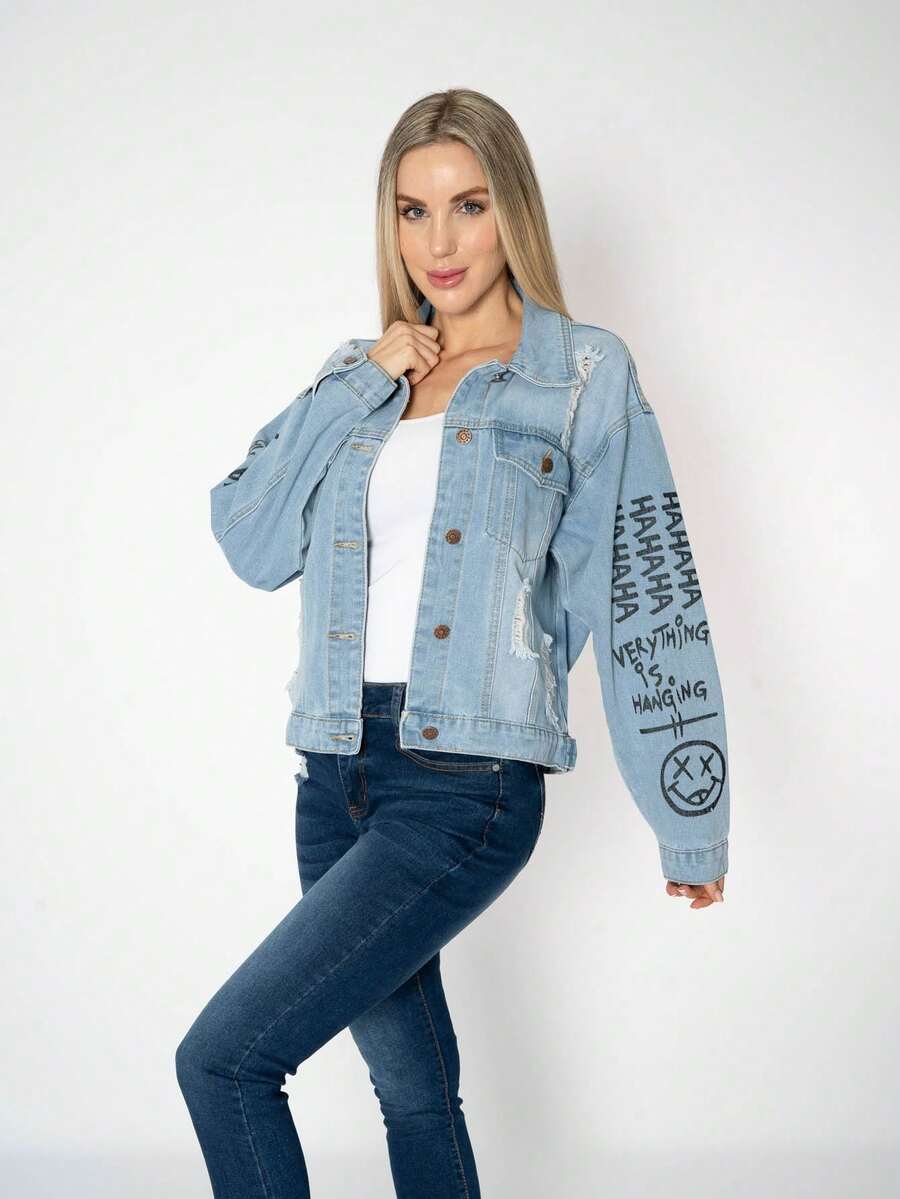 Chamarra Mezclilla Mujer Estampada Casual Streetwear Oversize - Azul - Ver 1