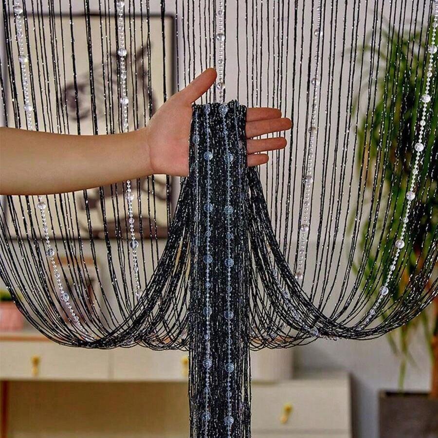 1 Pieza Cortina De Cuentas De Cristal Negro Con Borlas De 1x2m, Perfecta Para Decoración Del Hogar Y División De Escenas De Bodas - Negro - Ver 1