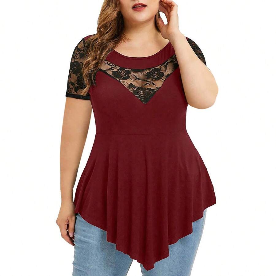 Top con encaje en contraste bajo curvo Blusa mujeres - Burdeos - Ver 1