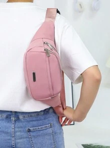 牛津布腰包,女式大容量腰包金屬裝飾單肩袋 - 藕粉色 - 查看 1
