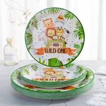 24件組叢林動物紙盤與餐巾紙派對用品，卡通動物印花戶外派對用品，一次性餐巾紙與紙盤，狩獵生日用品，叢林紙盤，派對紙盤，適合作為狩獵盤禮物 - 彩色 - 查看 4
