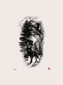 1入組紋身貼紙黑色木狼月亮圖案防水臨時紋身貼紙 - 黑色 - 查看 4