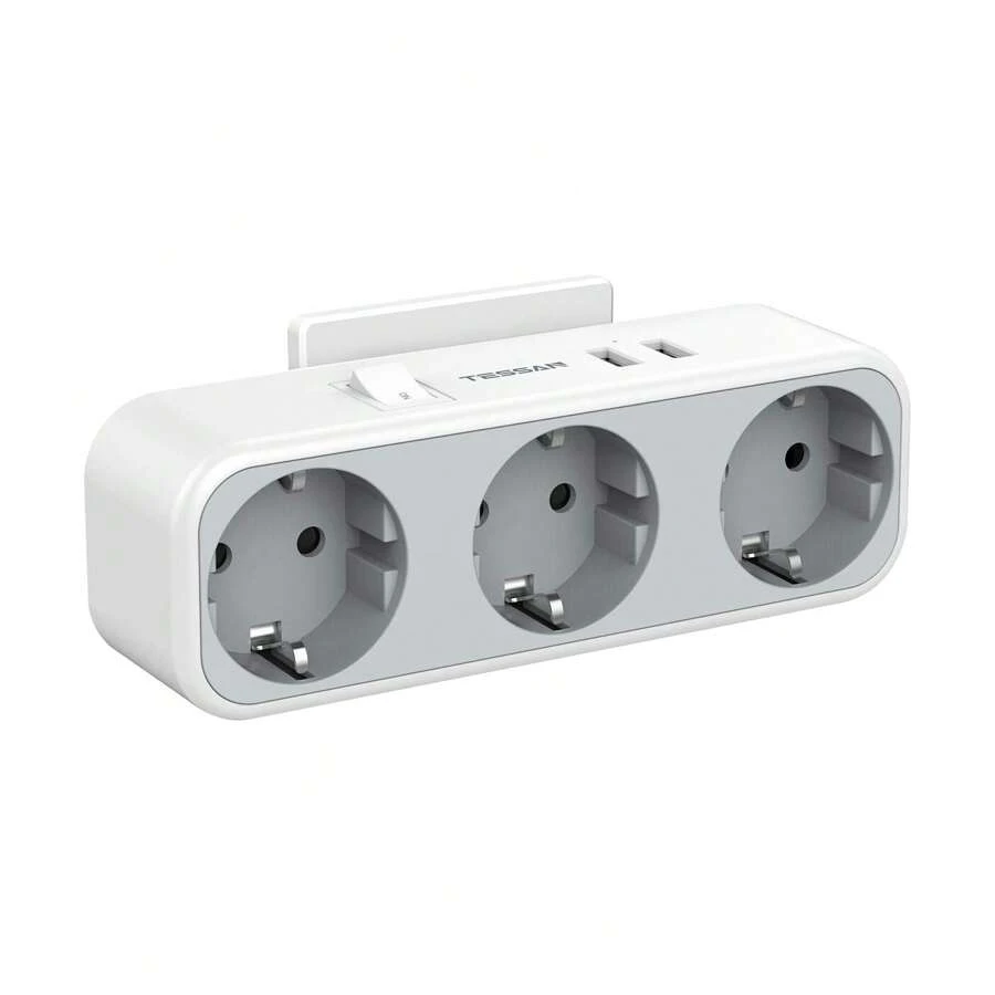 TESSAN Ladron Enchufes Plano, 5 en 1, con 3 Enchufes y 2 Puertos USB, Compatible con Phone, Pad, Multiplicador Enchufe Modernos para Hogar - Gris - Ver 1